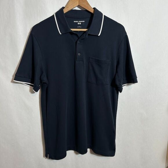 Uniqlo Roger Federer Men's L Polo Shirt Navy Blue Dry AIRism Cool Touch Tennis - Picture 2 of 5